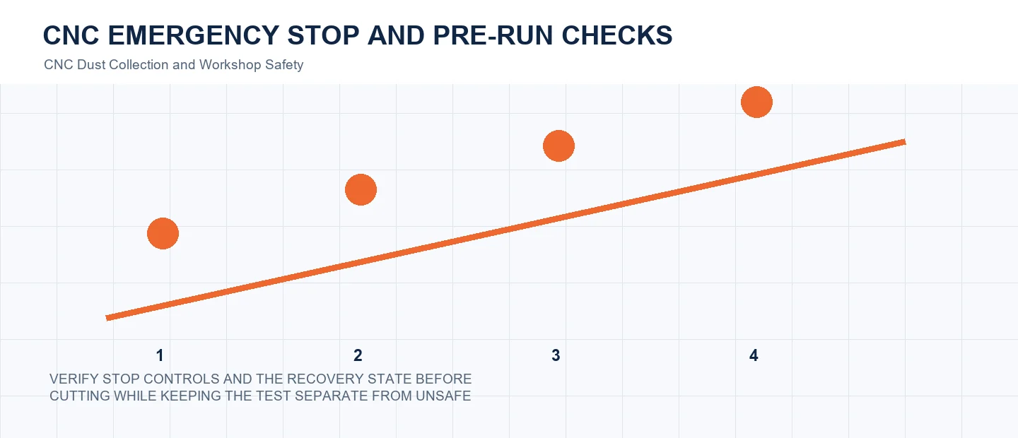 CNC Emergency Stop and Pre-Run Checks technical decision diagram