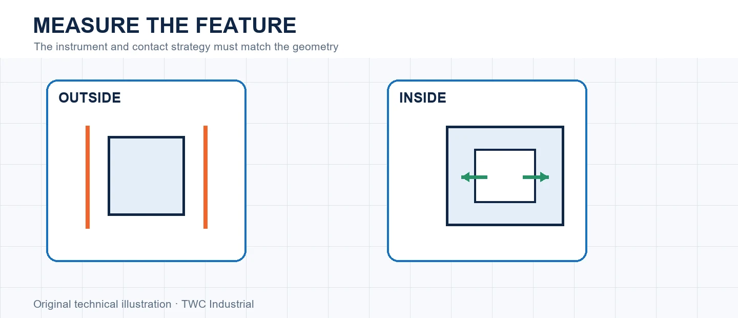 Outside and inside CNC features measured with different contacts