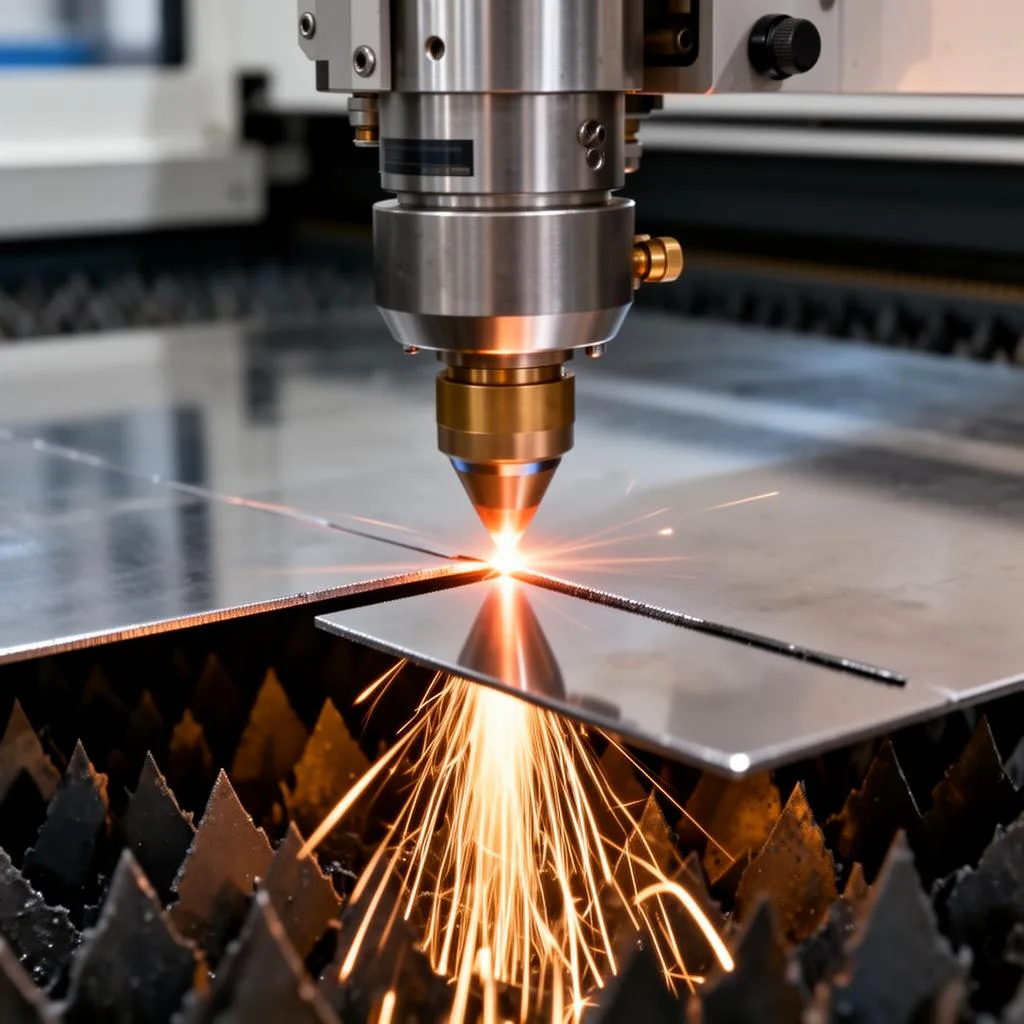 Close-up of a fiber laser cutting head precisely cutting thin stainless steel sheet with bright focused beam