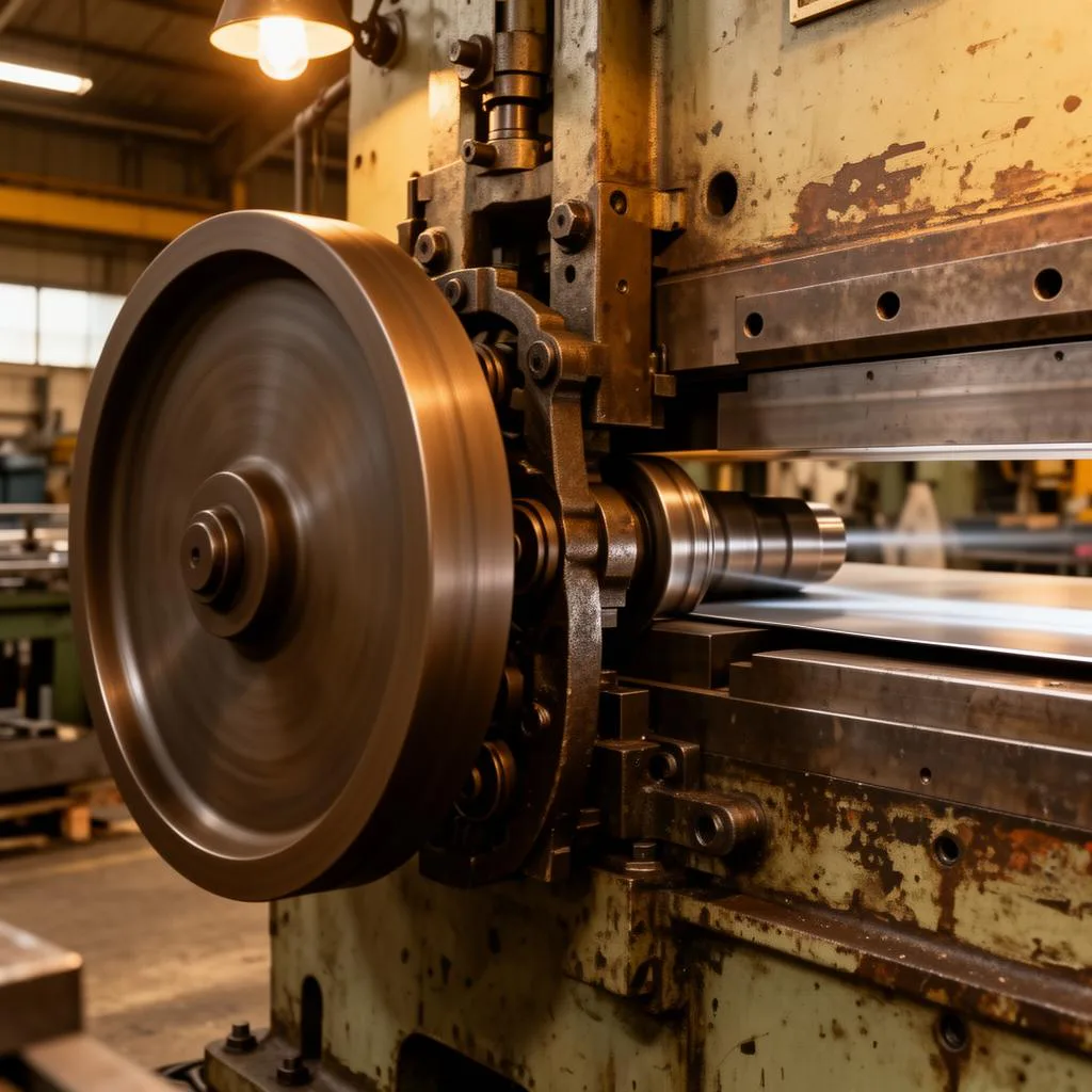 Close-up of a vintage mechanical press brake with massive cast-iron flywheel and clutch mechanism in a fabrication workshop