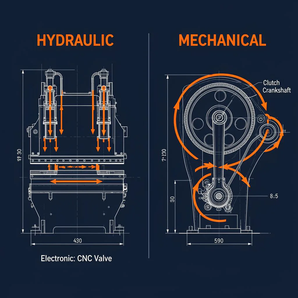 Technical blueprint diagram comparing hydraulic press brake cylinders versus mechanical press brake flywheel and crankshaft mechanism