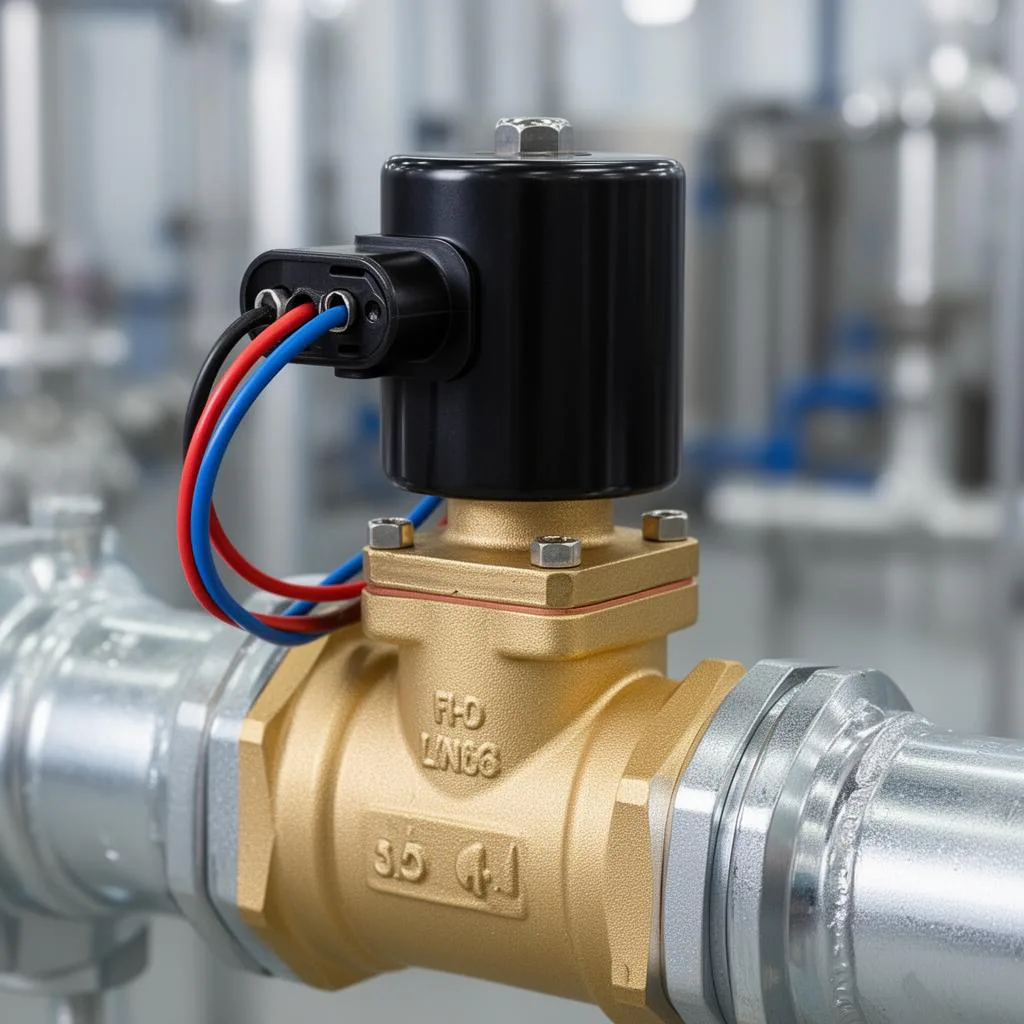 Close-up of a brass solenoid valve with electrical coil and wires mounted on industrial water pipe