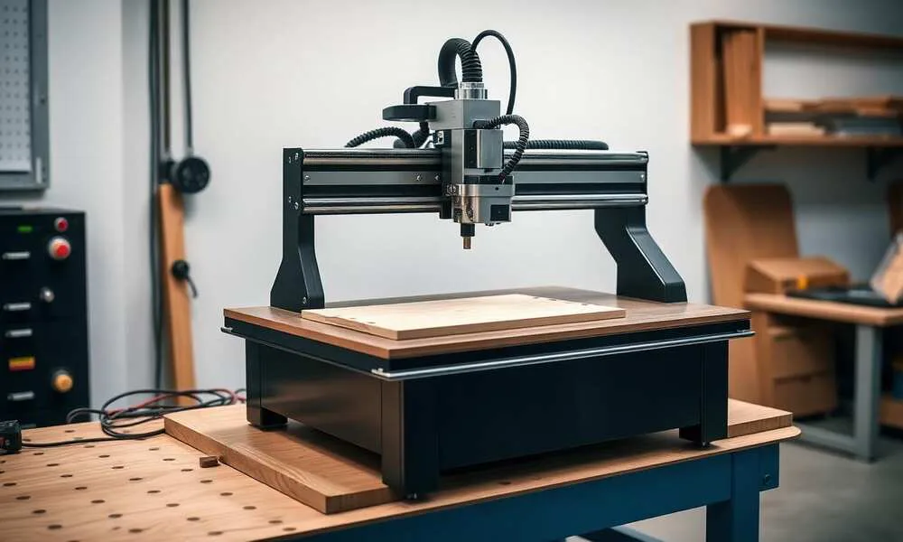 Desktop CNC router milling a wooden plaque on a workshop bench